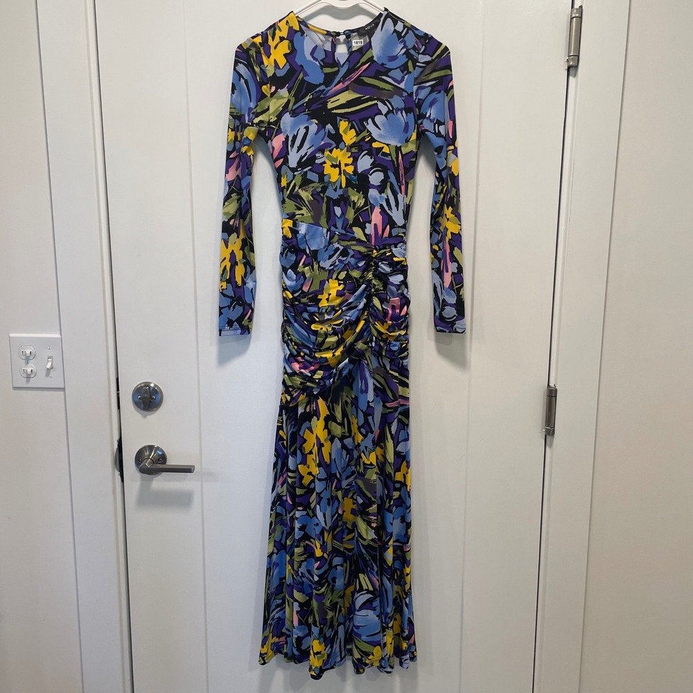 AQUA Womens Floral Ruched Long Sleeve Maxi Dressโ Blue Yellow XS 1819